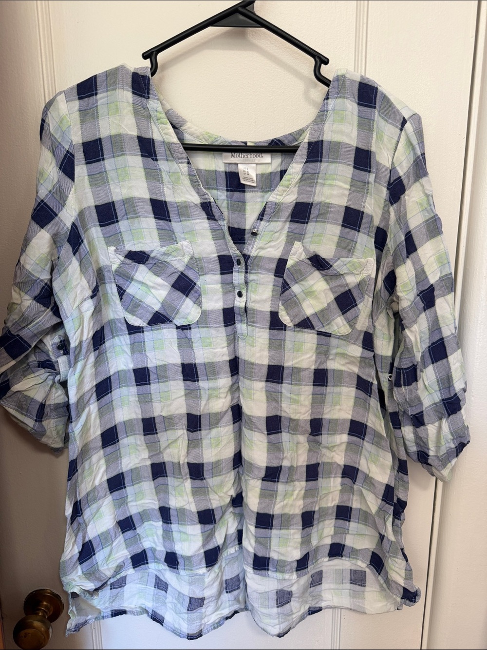 Motherhood Maternity Navy, Light Blue & Pale Green Plaid Henley Tunic